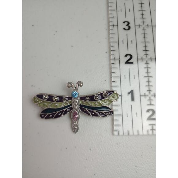 Vintage AAi Dragonfly Brooch Silver Tone Green Black Rhinestones - Picture 4 of 5